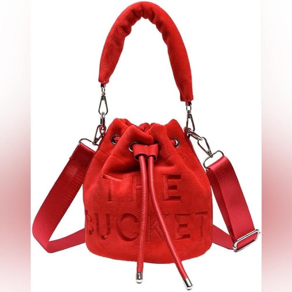 Fire Red Velour Bucket Handbag